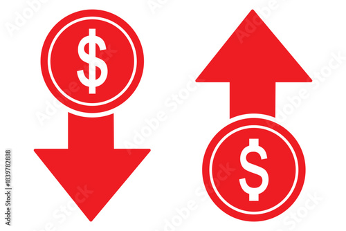 Dollar increase and decrease vector icons. Cost reduce increases and decreases icon set. profit and lose money vector icons.