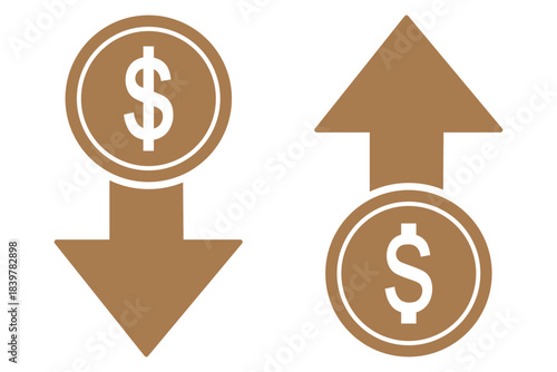 Dollar increase and decrease vector icons. Cost reduce increases and decreases icon set. profit and lose money vector icons.