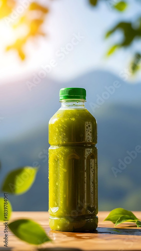 Fresh avocado juice on wooden table with tropical beach and bright blue sky background refreshing summer vertical image