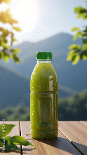 Fresh avocado juice in a clear glass on a wooden table with mountain view and blue sky background vertical healthy drink concept