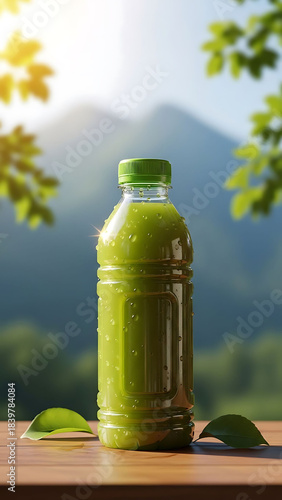 Fresh avocado juice in a clear glass on a wooden table with mountain view and blue sky background vertical healthy drink concept