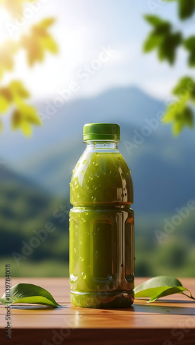 Fresh avocado juice in a clear glass on a wooden table with mountain view and blue sky background vertical healthy drink concept