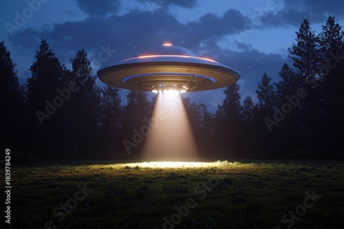 3d rendering of alien flying-saucer hovering over grassy field at night with bright light beam for sci-fi scene design
