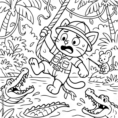 Adventure Amidst Danger: A cartoon cat, dressed as an explorer, finds themself in a perilous situation, swinging over a crocodile-infested river with a concerned look.