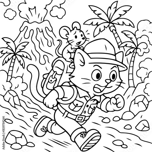 Cat Explorer's Adventure: A charming cartoon depicts a fearless cat explorer, accompanied by a tiny mouse, venturing into an exotic, adventurous world.