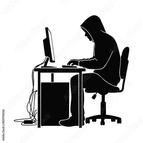 Hacker Silhouette at Computer with Hoodie Cyber Security Threat Vector Illustration