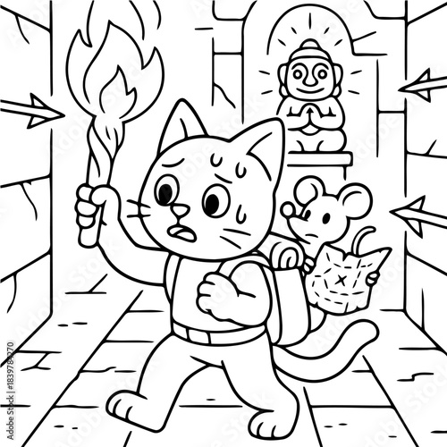 The Brave Cat's Dungeon Adventure: A courageous cat, torch in paw, and a mouse with a map, navigating a mysterious, ancient dungeon, encountering ancient artifacts, with trepidation.