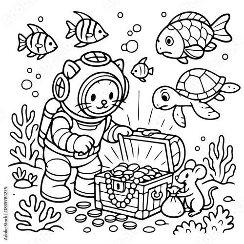 Underwater Treasure Hunt: A charming illustration depicts a whimsical underwater scene where a cat diver discovers a treasure chest overflowing with gold coins, surrounded by aquatic life.