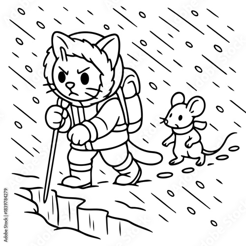 Adventure Buddies: A determined cat, geared up for a snowy ascent, leads the way while his mouse friend follows along. Capturing the essence of teamwork and daring spirit.