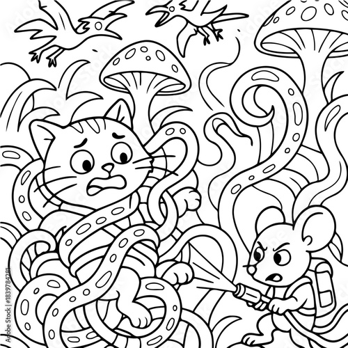 Cat vs Mouse: A comic illustration capturing a moment of playful struggle between a fearless mouse wielding a water gun and a surprised cat tangled in plant vines.
