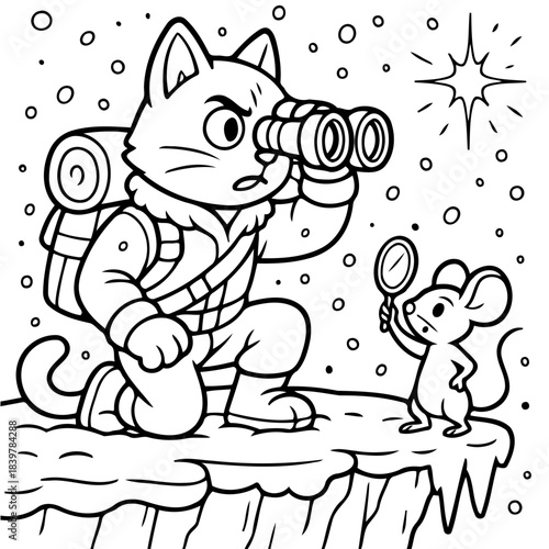 Adventurous cat and Mouse: A bold cat with a backpack uses binoculars with a tiny mouse holding mirror standing nearby and a snowflake falling in this black and white illustration.