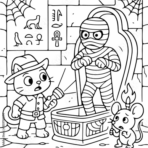 Mummy Cat and Mouse Adventure: A curious cat, equipped with a torch, and a startled mouse encounter a mummy in an ancient tomb, the scene filled with hieroglyphs and cobwebs.