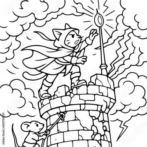 The Wizarding Cat: A brave cat stands atop a crumbling tower, casting a spell towards a staff, while a tiny mouse holds a staff to help! The scene is filled with stylized clouds and magical lightning.