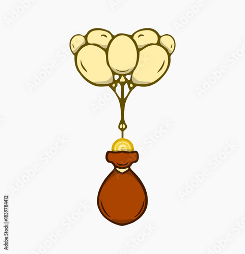 vector design of a bag filled with gold coins tied using a collection of air balloons