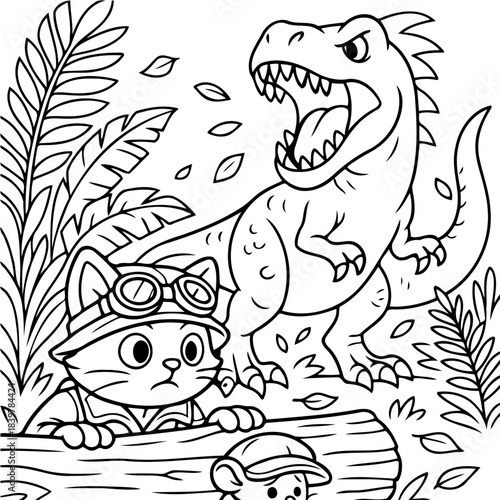 Curious Encounter: A brave cat in aviator goggles gazes warily at a fearsome Tyrannosaurus Rex in a prehistoric jungle. Witness the surprise of the cat