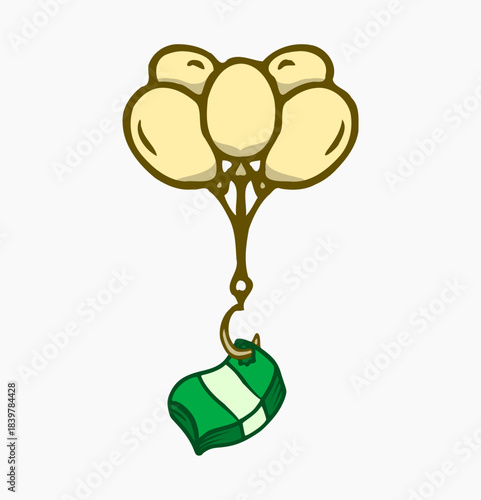 vector design of stacks of banknotes tied together using a collection of air balloons