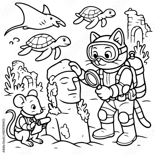 Underwater Explorers: A curious cat diver and a mouse are on underwater exploration, observing ancient ruins with awe, a collection of marine life adding to the vibrant atmosphere. 