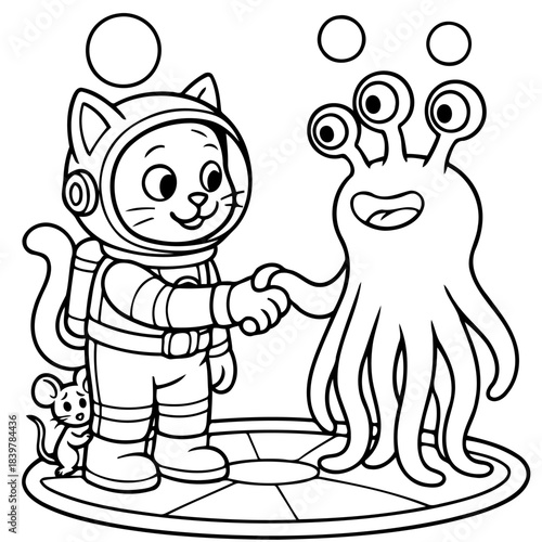 Cosmic Greetings: An astronaut cat extending a friendly handshake to an extraterrestrial. They share a moment of cosmic friendship.