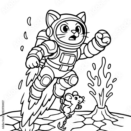 Cosmic Cat-stronaut's Bold Adventure: A fearless feline astronaut ventures into the unknown reaches of space, accompanied by a small mouse. With a determined spirit.