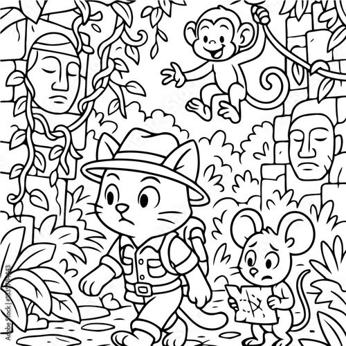 Adventurous Cat Explorer and Friends: The scene shows a cartoon cat explorer wearing a hat and backpack navigating through an ancient ruins, accompanied by a little mouse and a monkey.