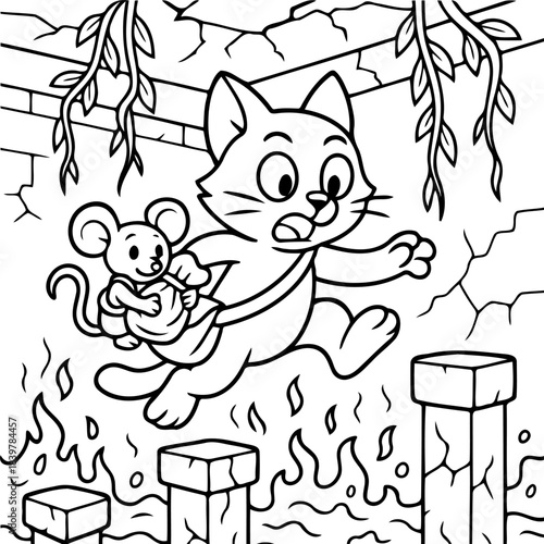 Feline Adventure in the Ruins: A cartoon cat and mouse are on a dangerous mission in old ruins, filled with fire and fallen structures