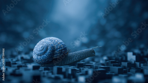 Slow snail cyber blue city, digital snail urban grid path, technology in calm cyberspace where information flows and datum glows across cube terrain, minimal mood, macro detail, night depth