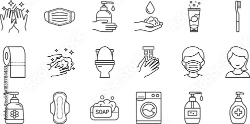Essential Hygiene and Personal Care Line Icons Set, Bathroom Washroom Toilet Sanitizer Mask Vector Symbols for Websites Apps Infographics, Editable Stroke.