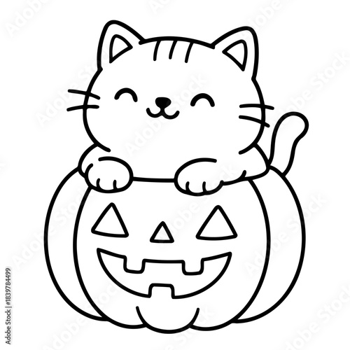 Spooky Season's Sweetheart: A cheerful cartoon cat cuddles up with a jack-o'-lantern, embodying the spirit of Halloween with adorable charm. 