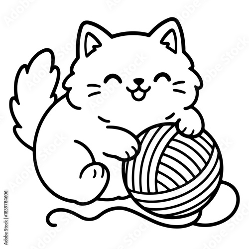 Playful Feline's Yarn Adventure: A cheerful cartoon cat cuddles a ball of yarn, exuding pure joy and playful spirit.
