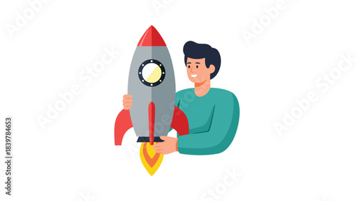 Man Holding A Rocketship Ready For Launch with Fiery Exhaust Against A Dark Background