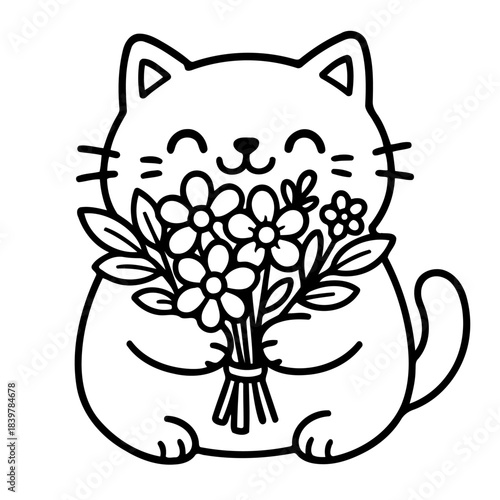 Cheerful Kitten with Floral Bouquet: A delightful illustration of a charming kitten, its face alight with happiness, clutching a vibrant bouquet of fresh flowers.