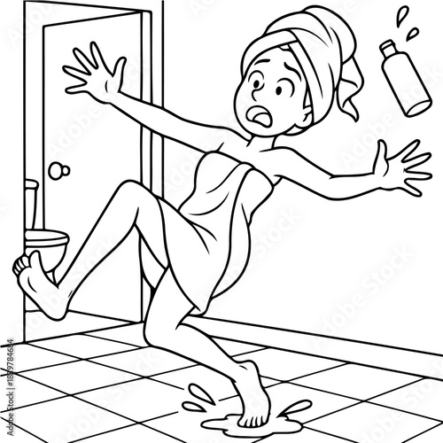 Ouch! Slipping Hazard in Bathroom: A cartoon illustration captures a moment of potential disaster as a woman slips on a wet bathroom floor, her surprised expression mirroring the sudden peril.