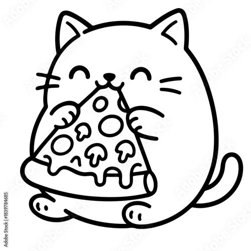 Whimsical Kitty Pizza Party: A cartoon cat savors a slice of mushroom pizza, embodying playful joy and delightful taste. 