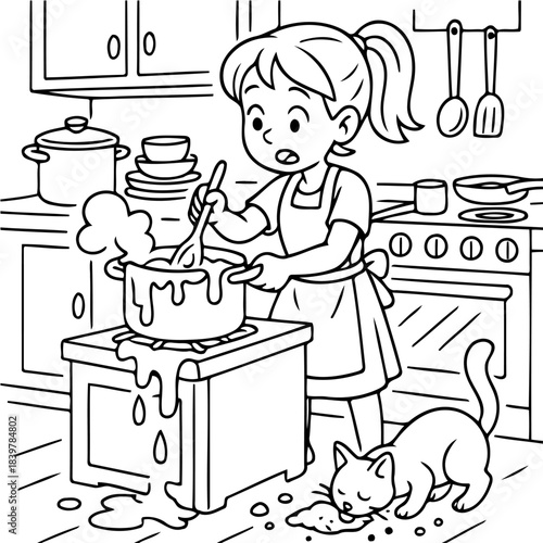 Culinary Chaos: A young cook faces a kitchen mishap as a pot boils over, while a curious cat investigates the spill, captured in a monochrome style.