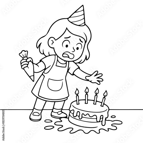 Oops! A Moment of Sweet Mishap: A young girl, adorned with a party hat, confronts a cake that has suffered an unfortunate fall.