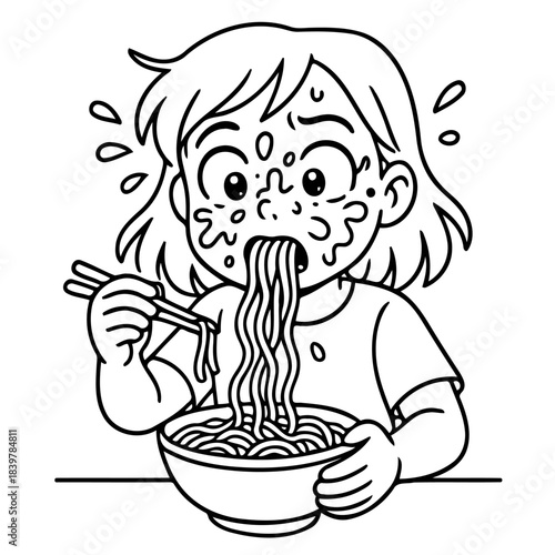 Noodle Enthusiast: A young individual engrossed in enjoying noodles from a bowl with chopsticks. with an expression of pure, unadulterated enjoyment. 