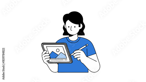 Man In Blue T Shirt Drawing Mountains On Tablet With Stylus Digitally Creating Art And Design In A Clean Minimalist Style
