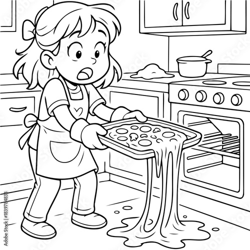 Oops, The Pizza!: A curious young girl pulls a tray of what appears to be a disastrously melted pizza from the oven, with an expression of shock and comical dismay.