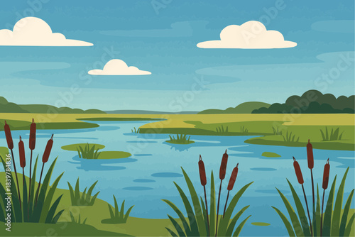 Wetland Landscape Flat Vector Illustration