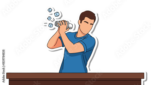 Man In Blue T Shirt Shaking Cocktail Mixer Behind A Bar With Ice Cubes Flying Out