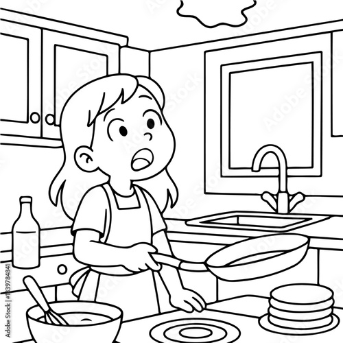 Pancake Mishap: A surprised girl in a kitchen, holding a pan while the pancake is falling. Capturing the moment of surprise.