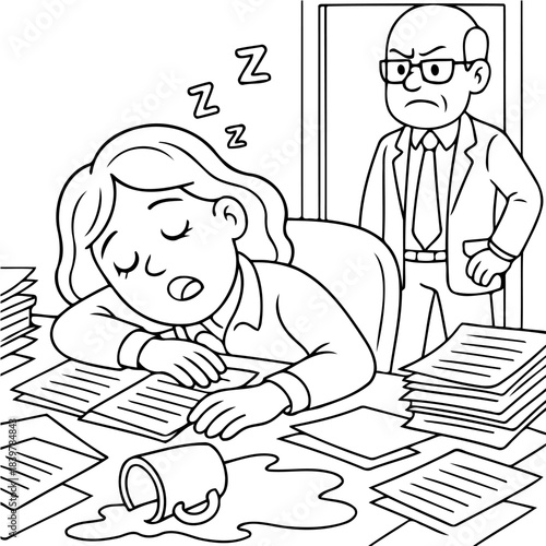 Workplace Snooze: A weary office worker dozes at her desk amidst a chaotic scene of scattered paperwork and an upset coffee cup, while a stern supervisor observes the situation