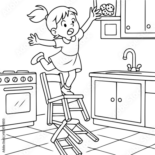 Kitchen Adventure: A little girl, balancing precariously on a chair in the kitchen, reaches towards a shelf. The image tells a story of curiosity and a little danger.