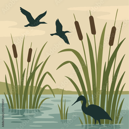 Wetland Reeds Flat Vector Illustration