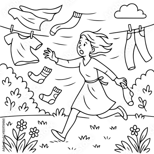Windy Day Laundry: A cartoon image captures a comical scene of a woman chasing after clothes blown away by a strong wind, depicting a lighthearted moment of everyday life.