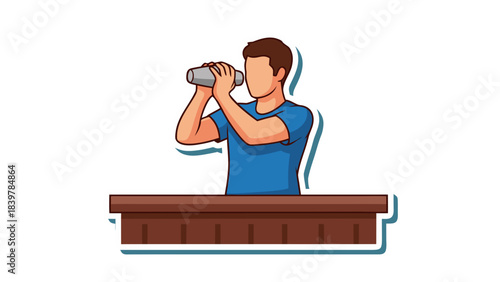 Man In Blue T Shirt Shaking Cocktail Mixer Behind A Bar With Wooden Counter Top And Brown Counter Base In A Simple Flat Style Illustration With A Black Background And White Outline