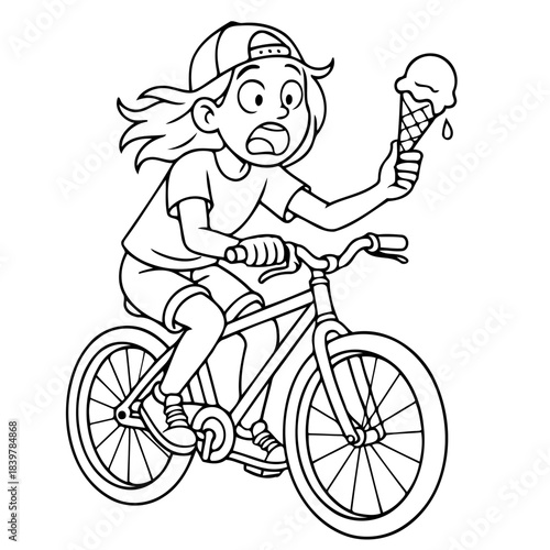 Ice Cream Mishap: A comic illustration captures a moment of comedic chaos as a young cyclist struggles to maintain balance while grappling with a melting ice cream cone. 