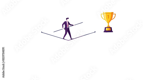 Man in Suit Balancing on Tightrope Towards Golden Trophy in Abstract Representation of Business Challenge and Success