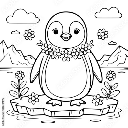 Penguin's Springtime Delight: A charming penguin adorned with a floral necklace stands proudly on an ice floe amidst a serene spring scene, surrounded by blooming flowers and a tranquil waterscape.