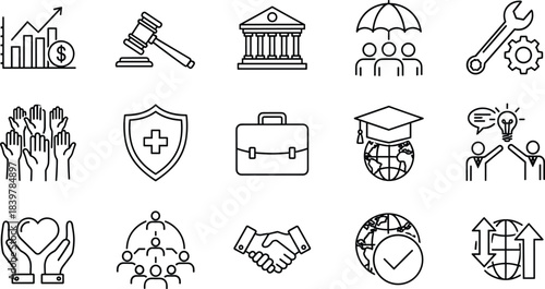 Global Business Law and Compliance, International Legal Regulation, Corporate Governance, World Trade, Finance, and Justice Icons Illustration